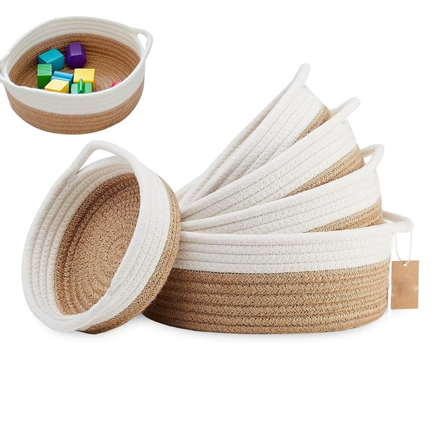 Set of 5 Storage Basket Woven Cotton Rope, Shelf Baskets with Handles for Toy Bathroom Storage