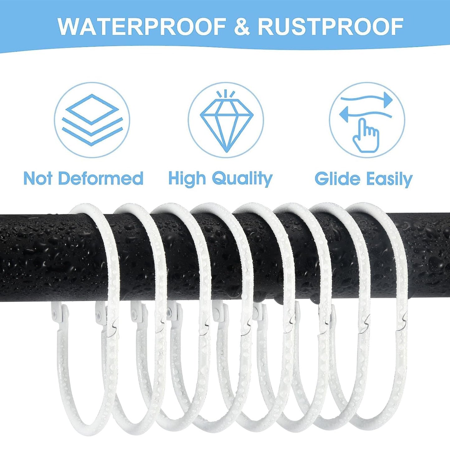 Goowin Shower Curtain Hooks, 12 Pcs Shower Curtain Rings Rust Proof Metal Oval Rings Clasp Closed Shower Curtain Rings for Bathroom Shower Rods