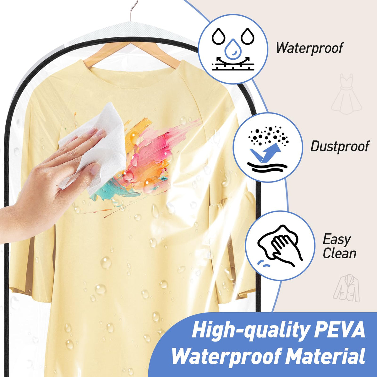 Alyvisun 3PCS Clear Garment Bags with Side-zips, Hanging Dress Bag Large Capacity 110cm/43in, Waterproof Clothes Covers Protector for Closet Storage