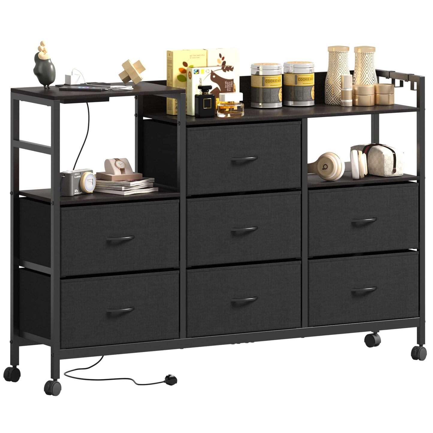 Lutown-Teen Chest of Drawers with Charging Station on Wheels, Black