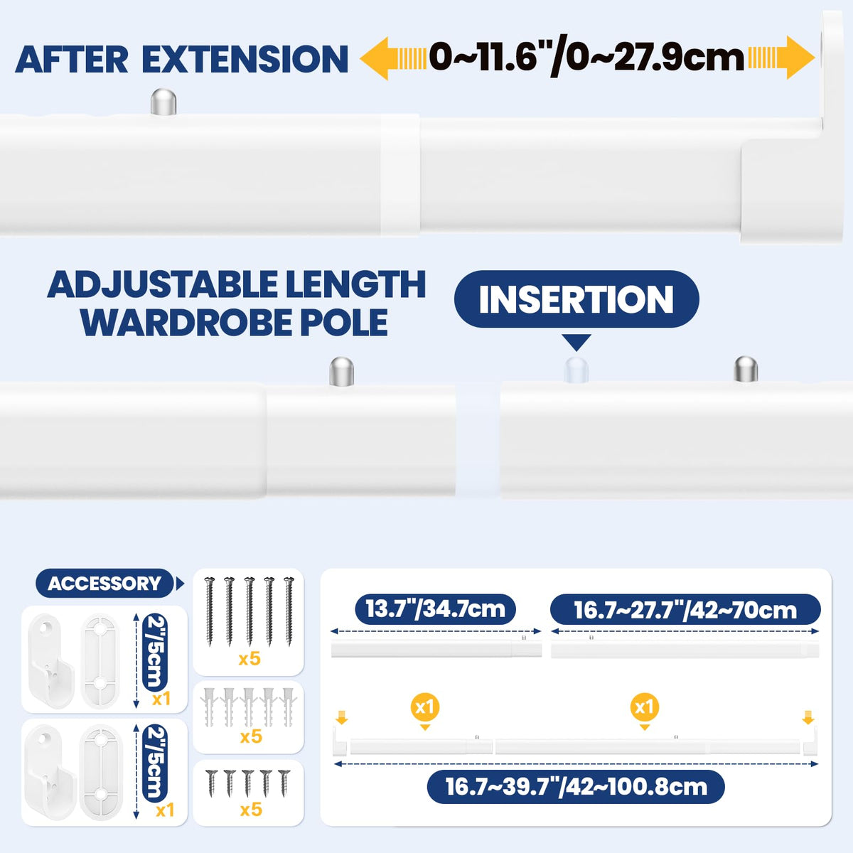 Wardrobe Rail Pole,Clothes Rail 42-101CM Adjustable Stainless SteelWhite
