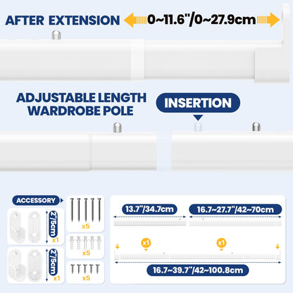Wardrobe Rail Pole,Clothes Rail 42-101CM Adjustable Stainless SteelWhite