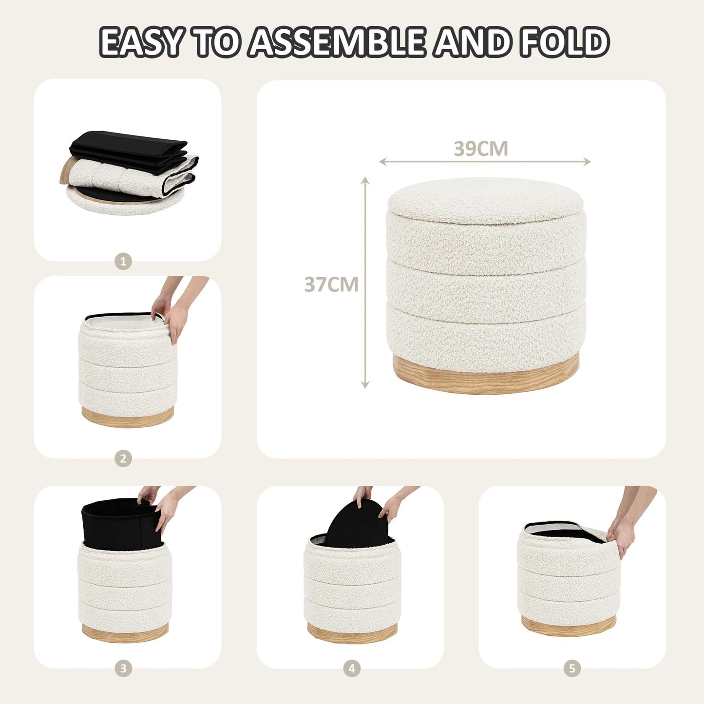 PINPLUS Round Chenille Storage Ottoman, Tray Top, 39x39x37 cm, Cream White