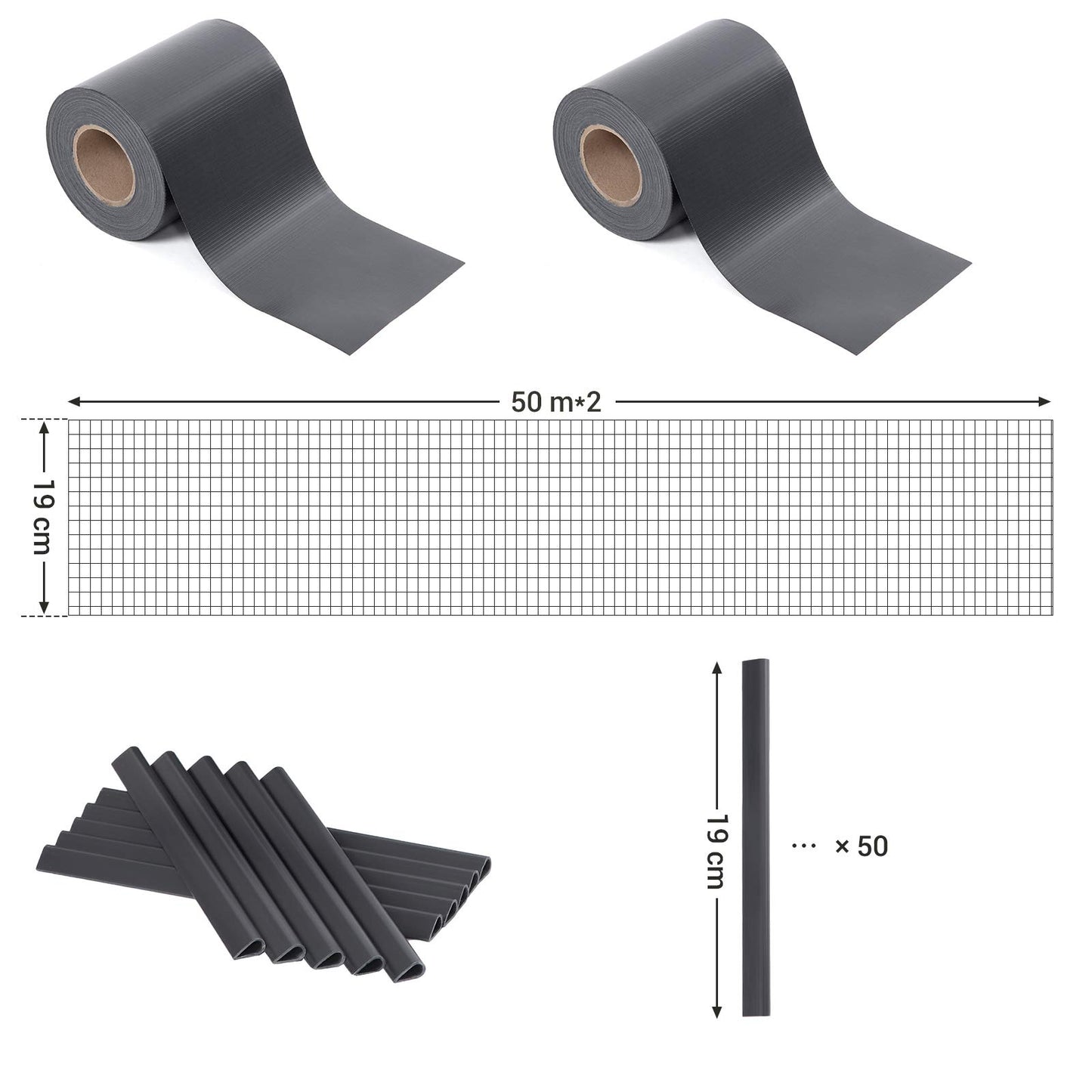 SONGMICS GPJ100GY RAL 7016 PVC Privacy Screen Wind Protection 2 Rolls m x 19 cm Extra Thick with 50 x Mounting Clips Anthracite, Charcoal, 100