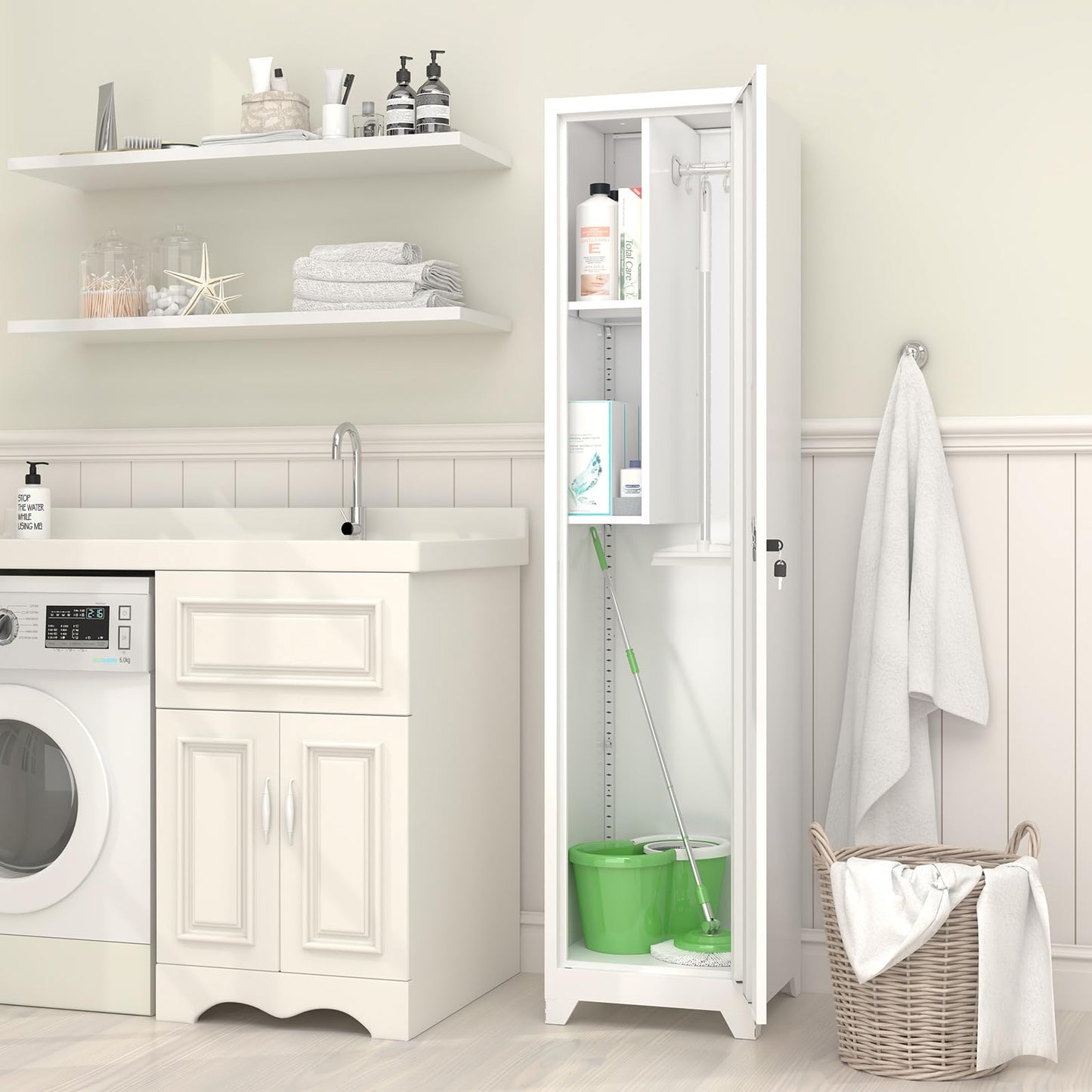 GREATMEET Broom Closet Storage Cabinet, Metal Utility Cabinet, Tall Laundry Room Cabinet, Slim Storage Cabinets for Laundry, Living Room, Office