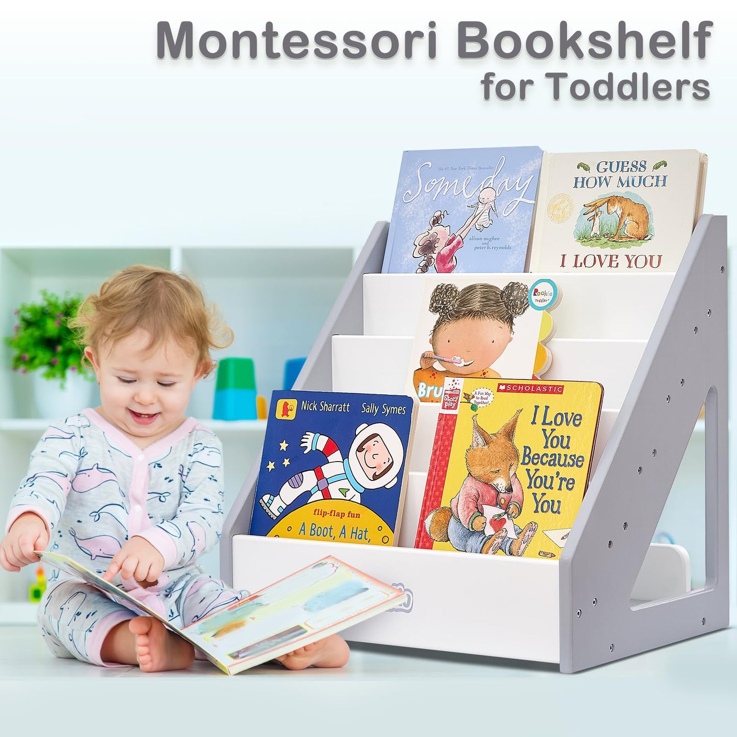 FUNLIO Montessori Bookshelf for Toddlers 1-5 Years, Front-Facing Kids Bookshelf with Handle & Anti-Tilting Device, Premium Pine Baby Bookshelf