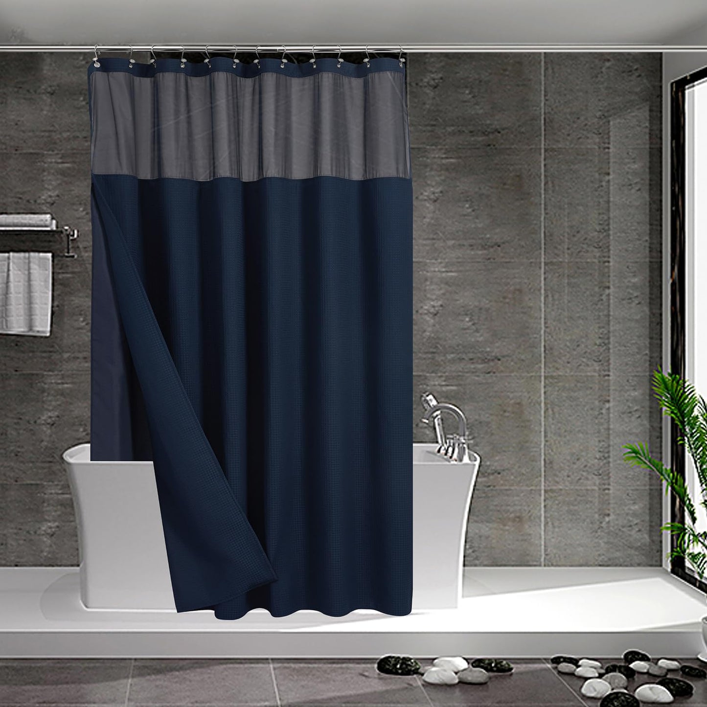 N&Y HOME Navy Blue Waffle Weave Shower Curtain Set with Button Down Lining and Metal Hooks Hotel Style Mesh Top Window Water Resistant Washable 71" x