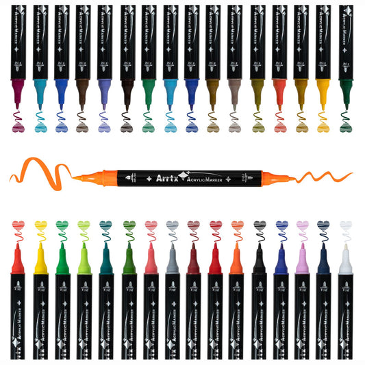 Arrtx Acrylic Paint Pens, 32 Colours Brush and Fine Tips Acrylic Markers, Rock Painting Pens Glass Pens with Water Based Ink for Metal, Plastic, Wood,