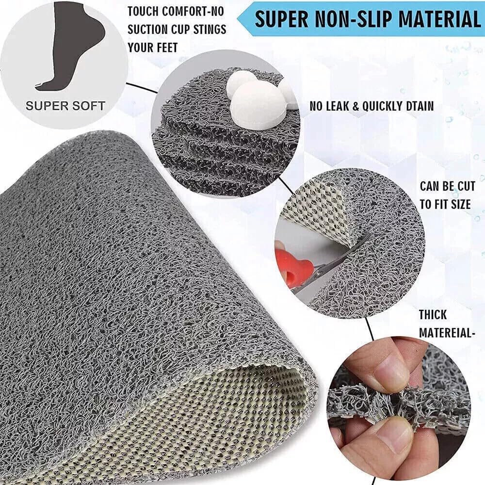 Yunzhou1230 Non Slip Shower & Bath Mat Anti Mould - Bathtub Mat with Drainage, Grey Loofah Style PVC - Washable, Quick-Drying