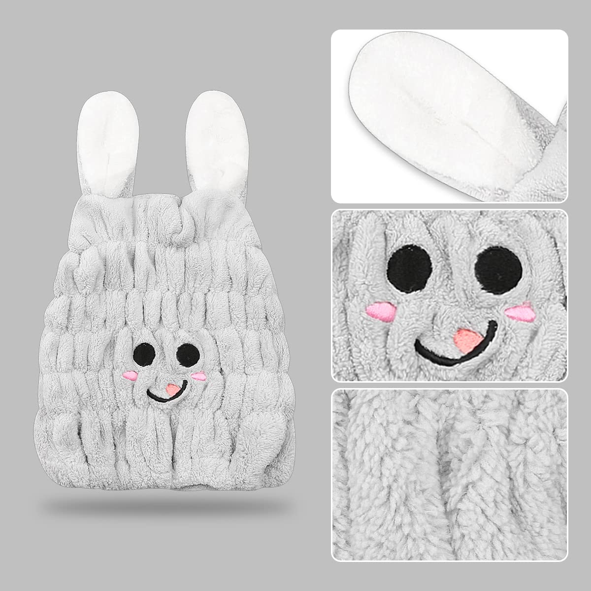 Jagowa Hair Dry Hat Wrap Towel Cute Cartoon Ear Fleece Quick Drying Bath Cap Hair Turban Cap for Women Adults or Kids Girls(Pink, White, Grey)