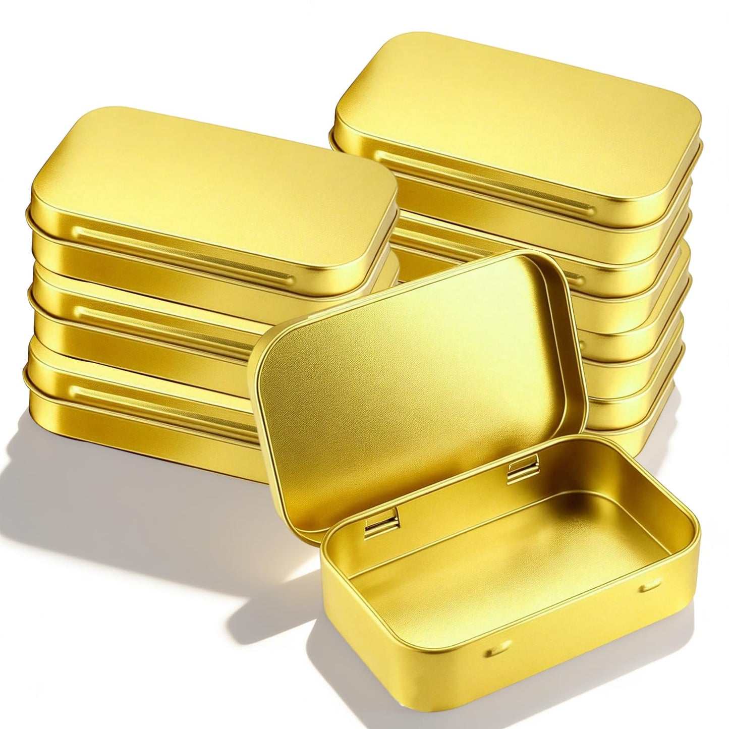 TFLPUO 8 PCS Small Tins with Lids, Mini Golden Metal Storage Tin Rectangular Hinged Tins Small Box Containers for DIY Gift Cards Candy Coin mini Items