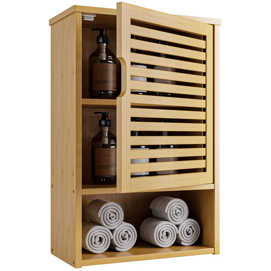 HITNET Wall Cabinet, Small Bathroom Cabinet Wall Mounted, Bamboo Hanging Medicine Storage Cupboard Over the Toilet with Adjustable Shelf for Living