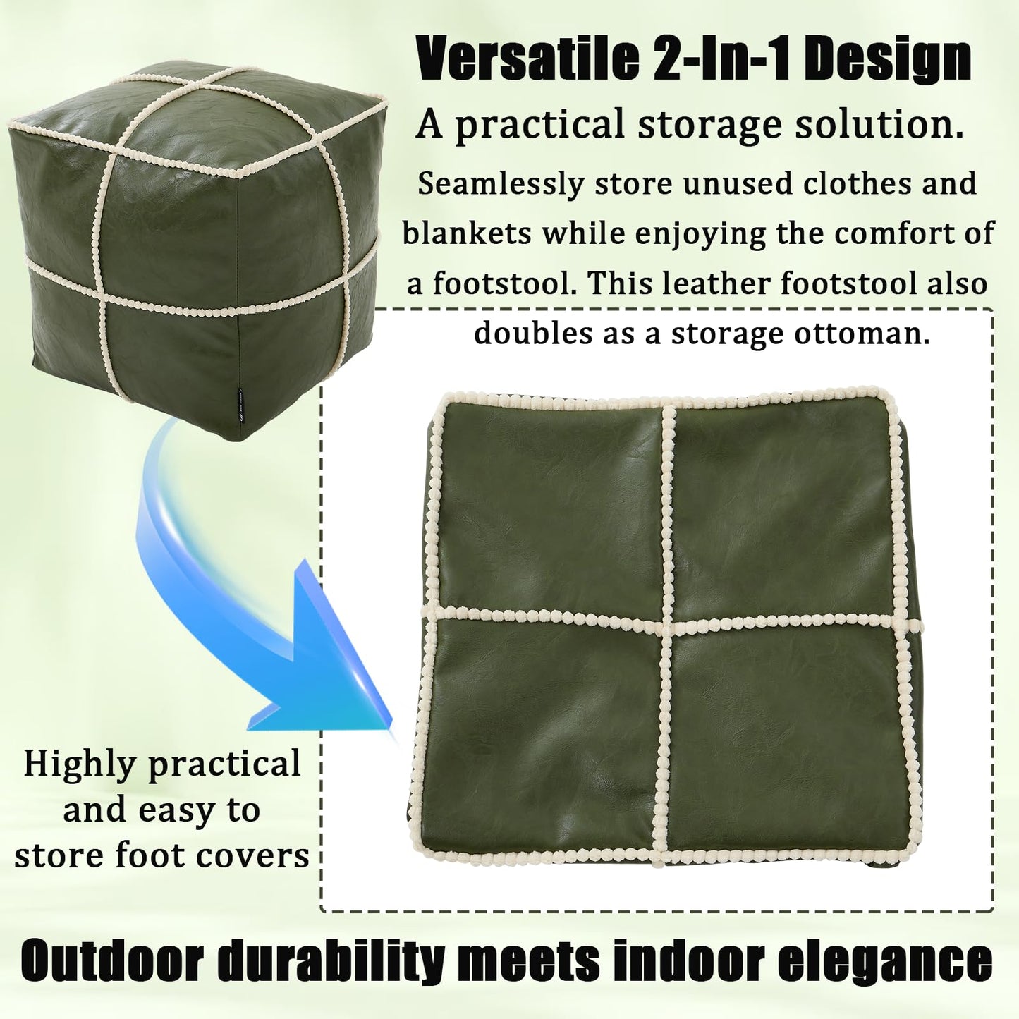 Louis Donné Unstuffed 17.7" Square Ottoman Pouf Cover, Waterproof Faux Leather Floor Footrest, Storage-Friendly for Living Room Bedroom Office Chair