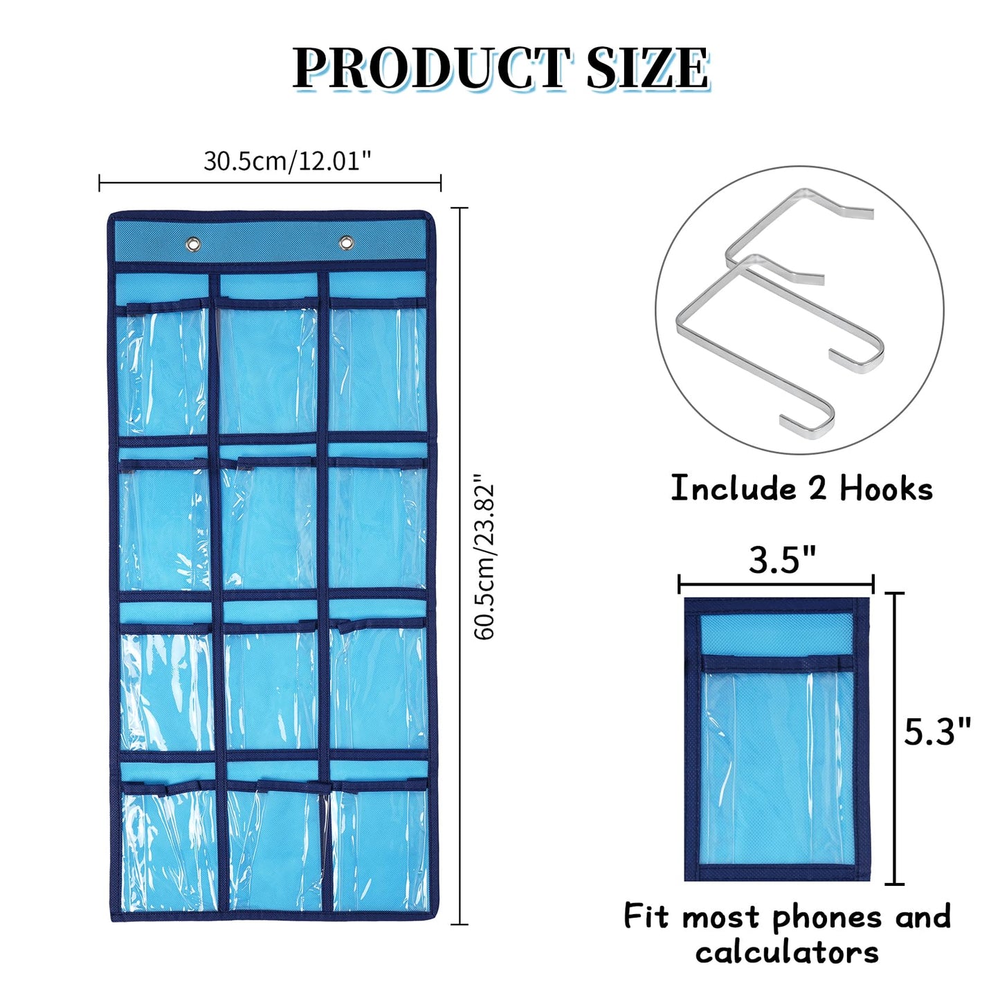 SAVORLIVING 12 Clear Pockets Classroom Pocket Chart Organizer, Cell Phones Calculator Holder with Hooks, Hanging Wall Door Calculators Phone Caddy