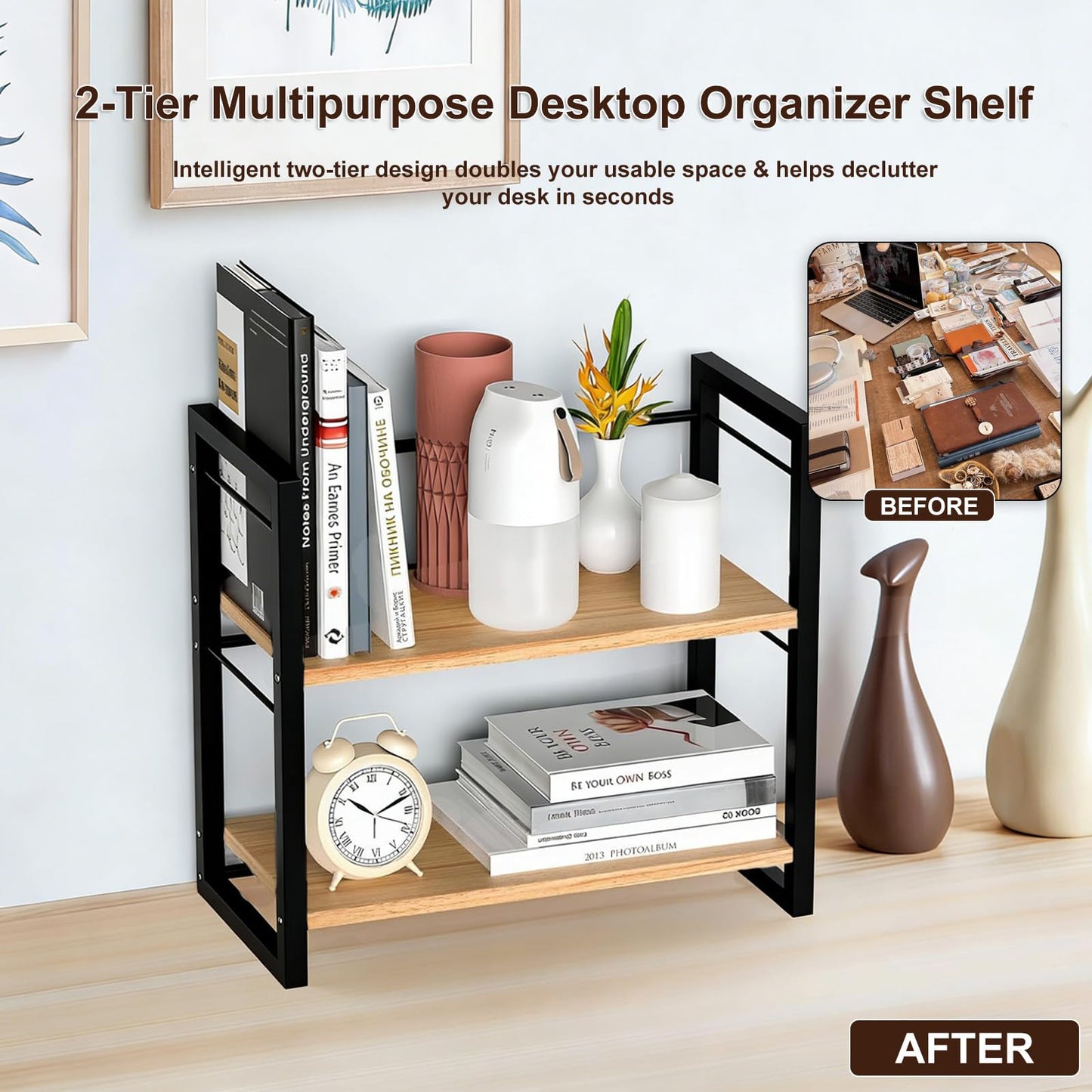 Desk Shelf Organizer, 2 Tier Desktop Bookshelf for Office Desk Storage