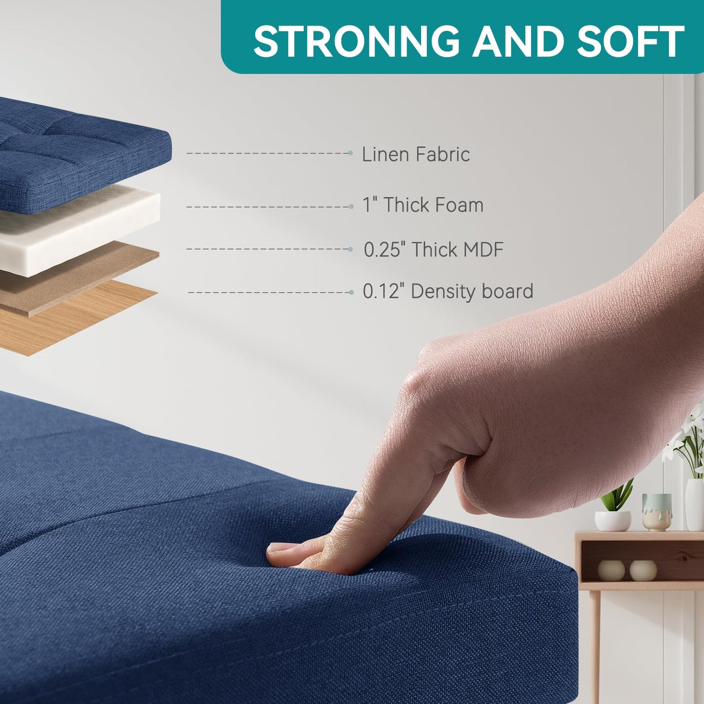 BRIAN & DANY Folding Storage Ottoman with Wood Legs, Linen Foot Stool, Storage Chest with Highly Elastic Sponge Filling, Navy Blue, 38 x 38 x 38 cm