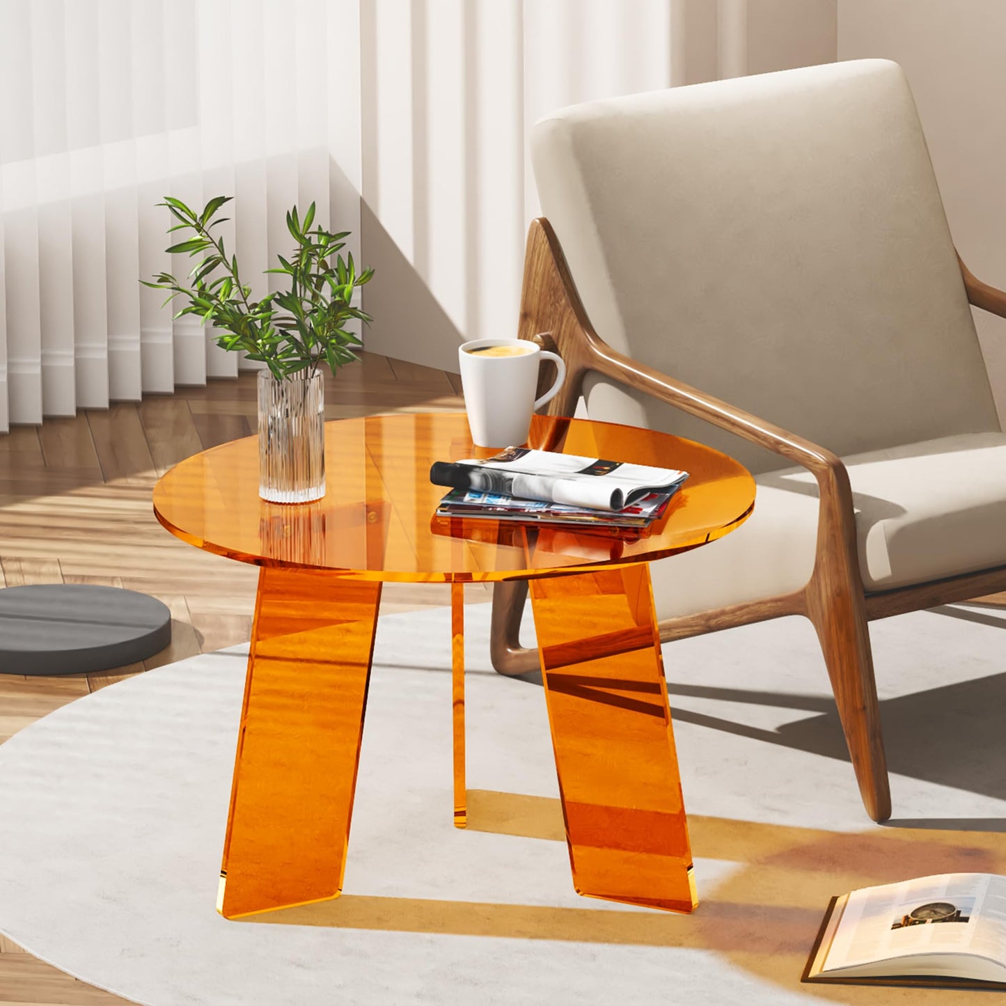 Dewrhiixe Acrylic Round Coffee Table, Clear Circle Modern Lucite Side Table for Living Room, Bedroom, Office (Orange, 60×60×40 cm)