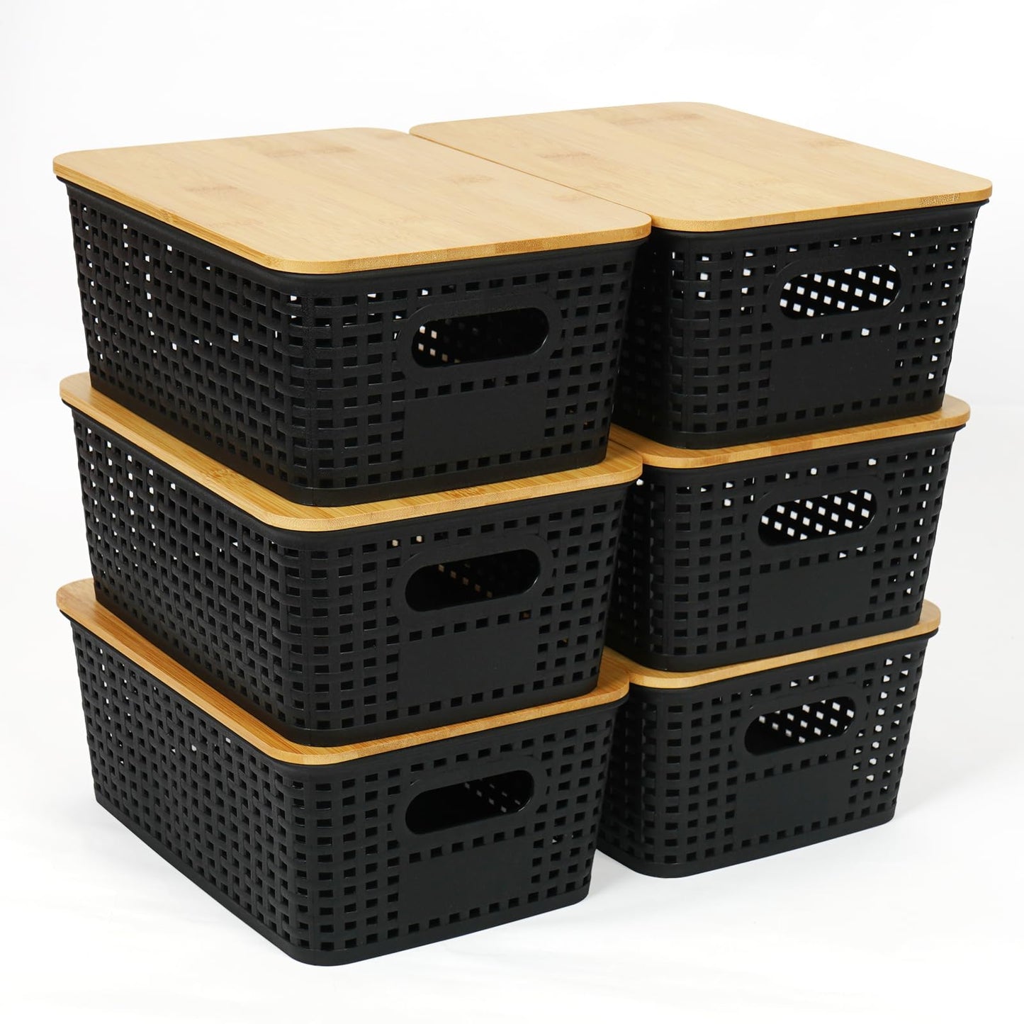 6Pcs Storage Plastic Baskets with Bamboo lids, Lidded Storage Bins - Black