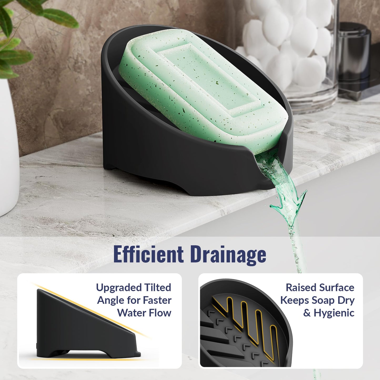 NiHome Silicone Soap Dish with High-Efficiency Drainage for Bathroom & Kitchen, Enlarged Holder Fits Various Soaps and Cleaning Supplies