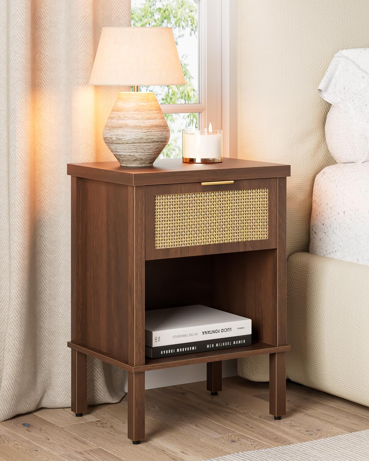 Apetaccat Rattan Bedside Table, Side Table with Open Storage Shelf, Walnut