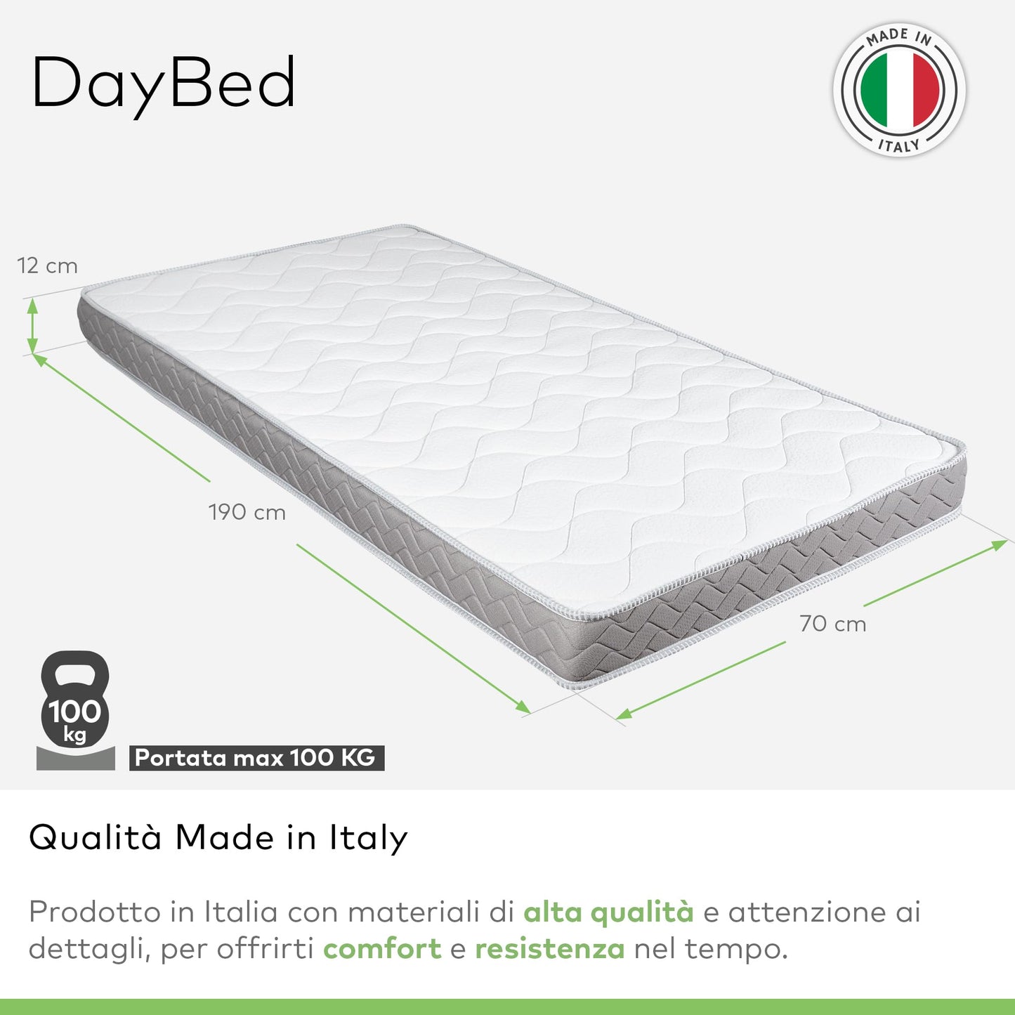 EVERGREENWEB MATERASSI & BEDS Sofa Mattress 70 x 190 cm Bed Height 12 cm Hypoallergenic White Coating Extra Firm Support Folding Foam Extra Mattress