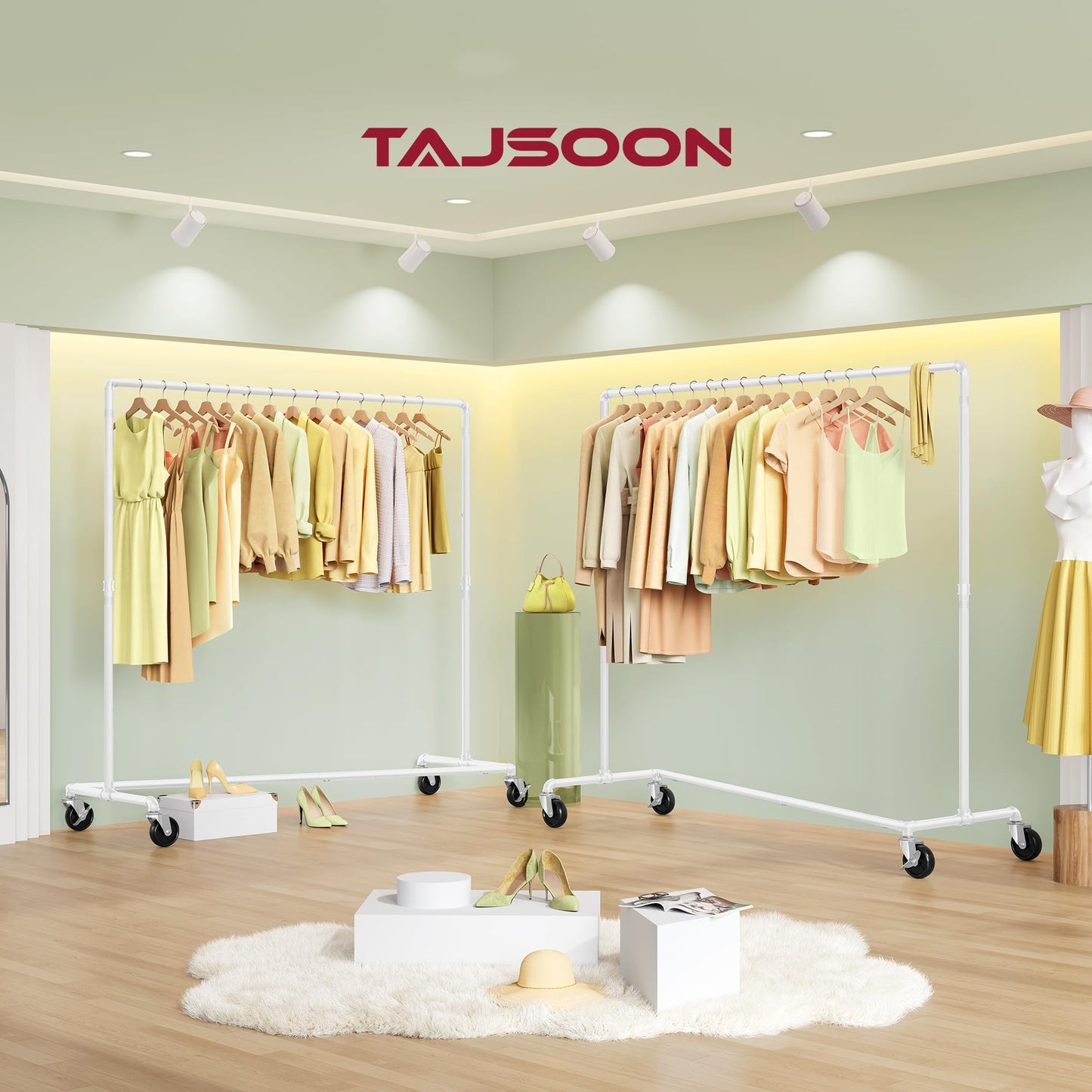 Tajsoon White Z Racks for Clothing Heavy Duty 250LB, Z Rolling Garment Rack