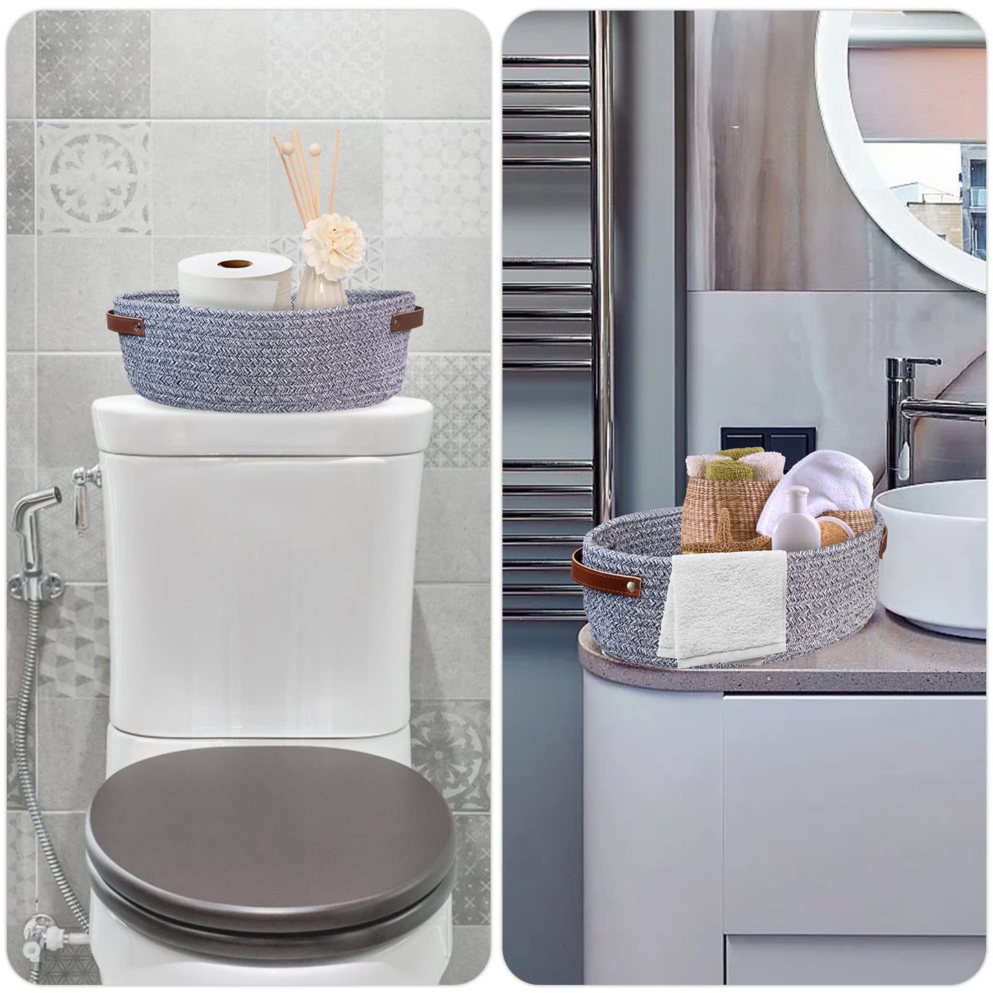 AmapleL Toilet Tank Topper, Small Cotton Rope Woven Storage Basket, Toilet Paper Holder with Handles, 13"x5.9"x4" Blue
