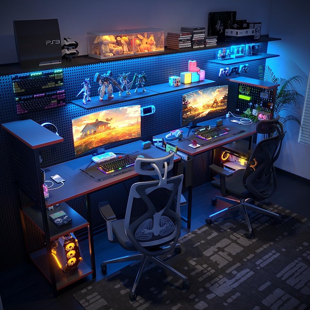Xyphren Gaming Desk with Pegboard & Power Outlet & LED Light, Small Computer Desk with Reversible Shelves for Corner Home Office Desk, 140 * 50cm