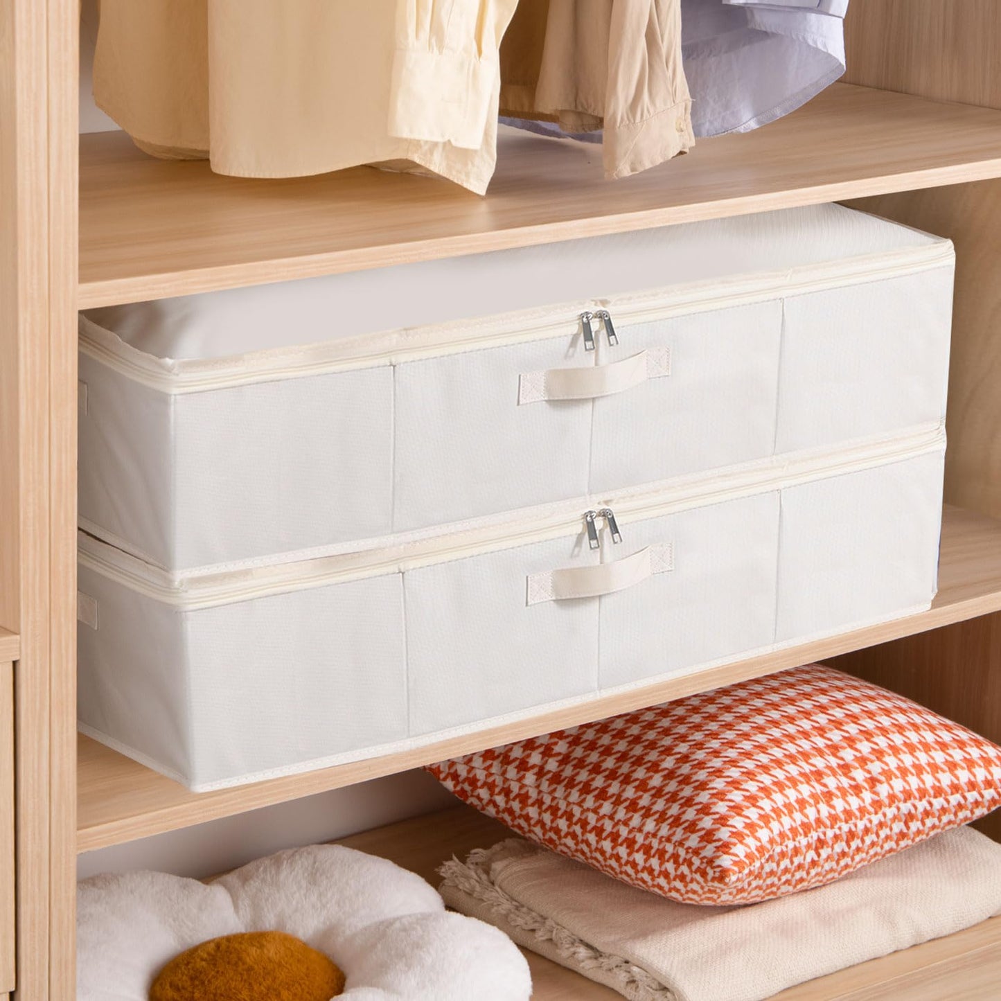 YheenLf Beige Under Bed Storage Boxes with Lids,2-Pack,60×30×15 cm
