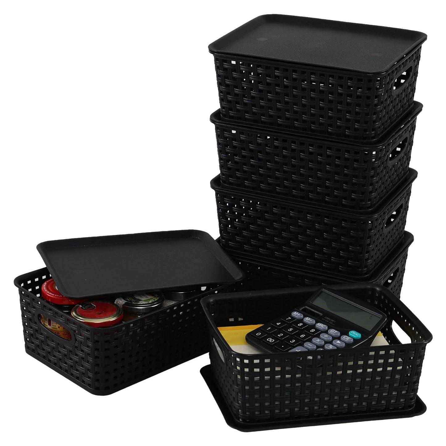 Innouse 6 PCS Small Plastic Woven Storage Basket with Lid for Desktop Black