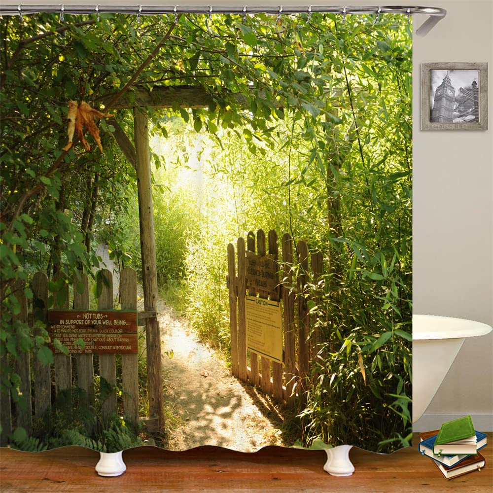 JIANGLANY Green Bamboo Forest Shower Curtain with Hooks Spring Scenery of Open Wooden Fence Walkway to Garden Bath Decor Cloth Bathroom Accessories
