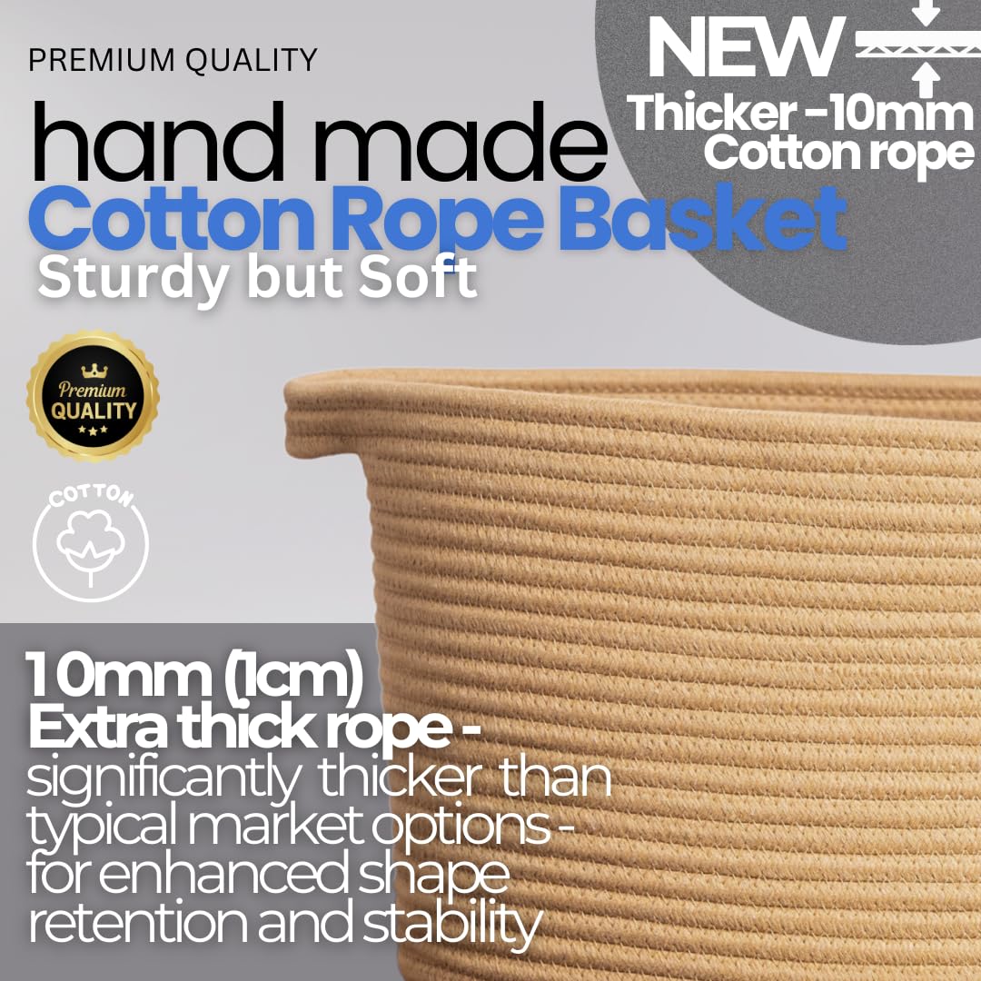 4pcs Cotton Rope Storage Basket Set (3 Medium + 1 Small) Woven Baskets with Handles for Living Room, Bedroom, Bathroom & Nursery – Honey