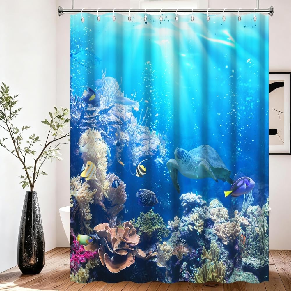 Xiaoterna Ocean Shower Curtain Underwater Marine Life Sea World Turtles Fishes Bathroom Curtain Coral Reef Floral Washable Waterproof Mildew