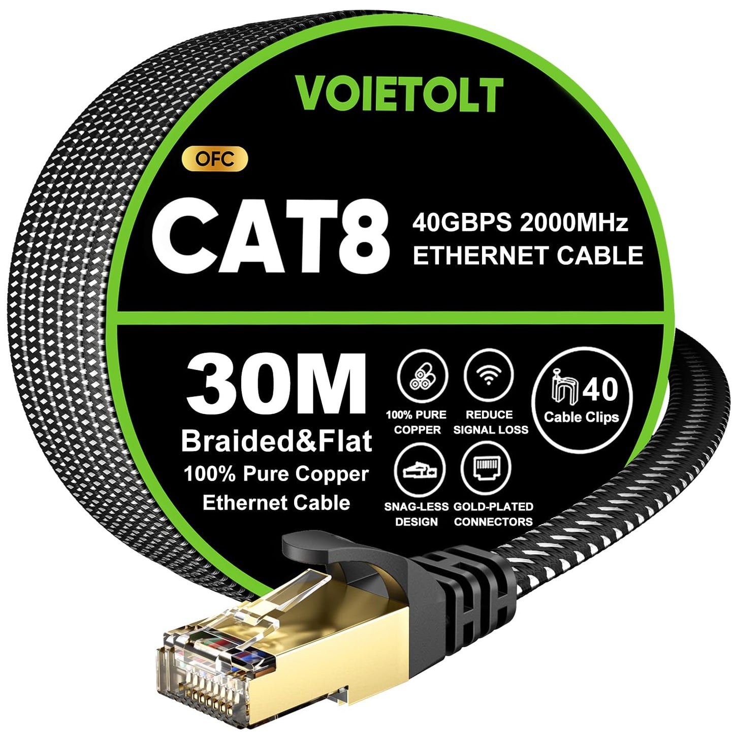 VOIETOLT Cat 8 Ethernet Cable 30M, High-Speed 40Gbps/2000Mhz Flat Braided Internet Cable, Gigabit STP RJ45 Network Cable Compatible for PS4/5, for