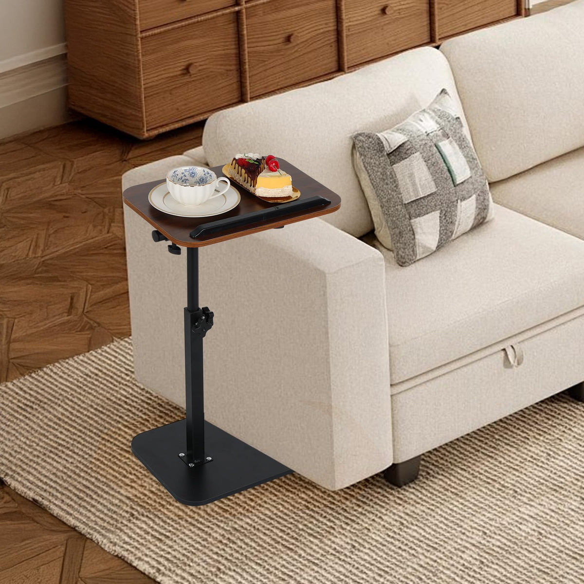 comfoyar C Shaped Side Table Adjustable Height, 360° Swivel 180° Flip Bedside Table with Slat for Sofa Bathtub