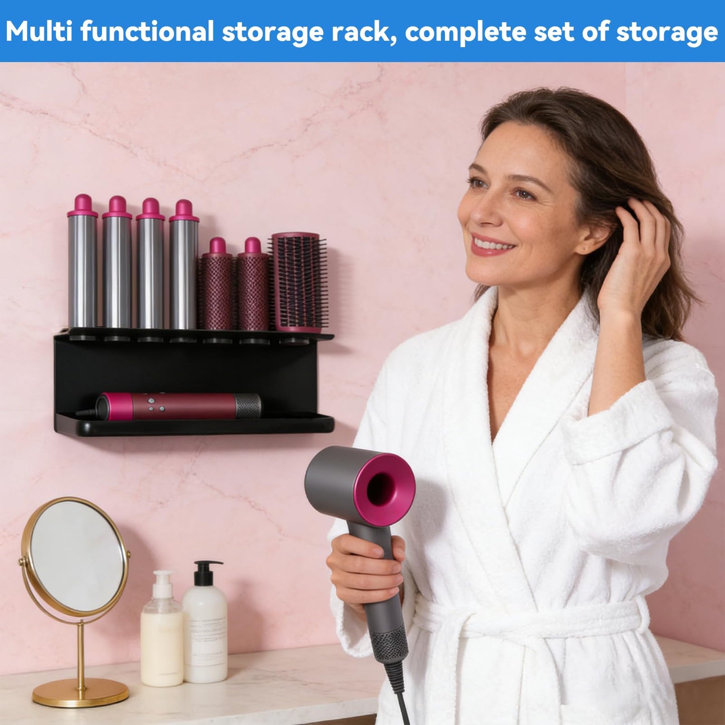 Rankomu Hair Dryer Holder Wall Mount for Dyson Airwrap – No Drill Adhesive Holder for Hair Straightener, Curling Iron & Styler Accessories