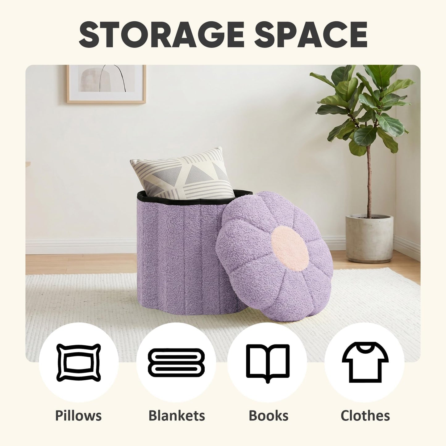 PINPLUS Small Folding Storage Ottoman with Lid, 32x32x29 cm, Purple