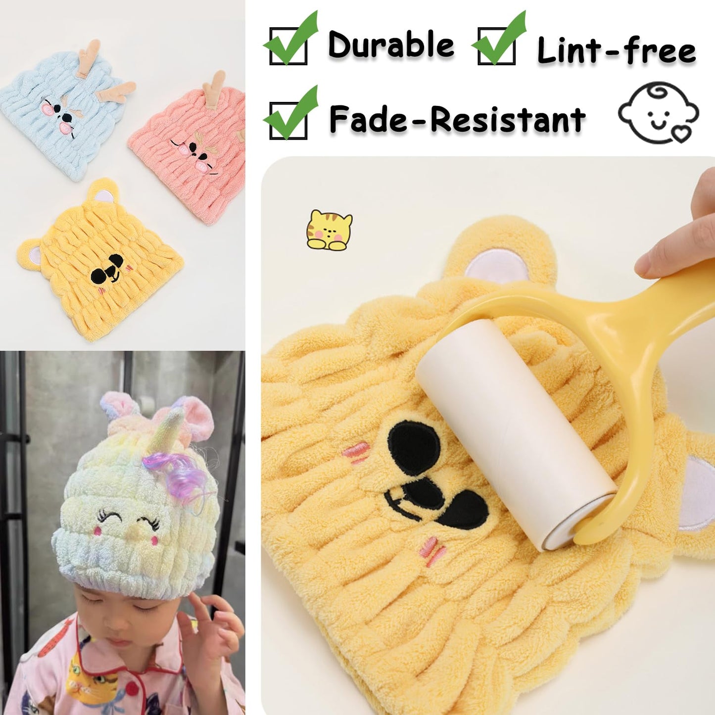 Kids Absorbent Hair Towel Wrap Soft Coral Fleece Hair Drying Wrap Towel Hat for Girls 2-9 Years Cute Cartoon Hairs Drying Turban Towels Quick Dry