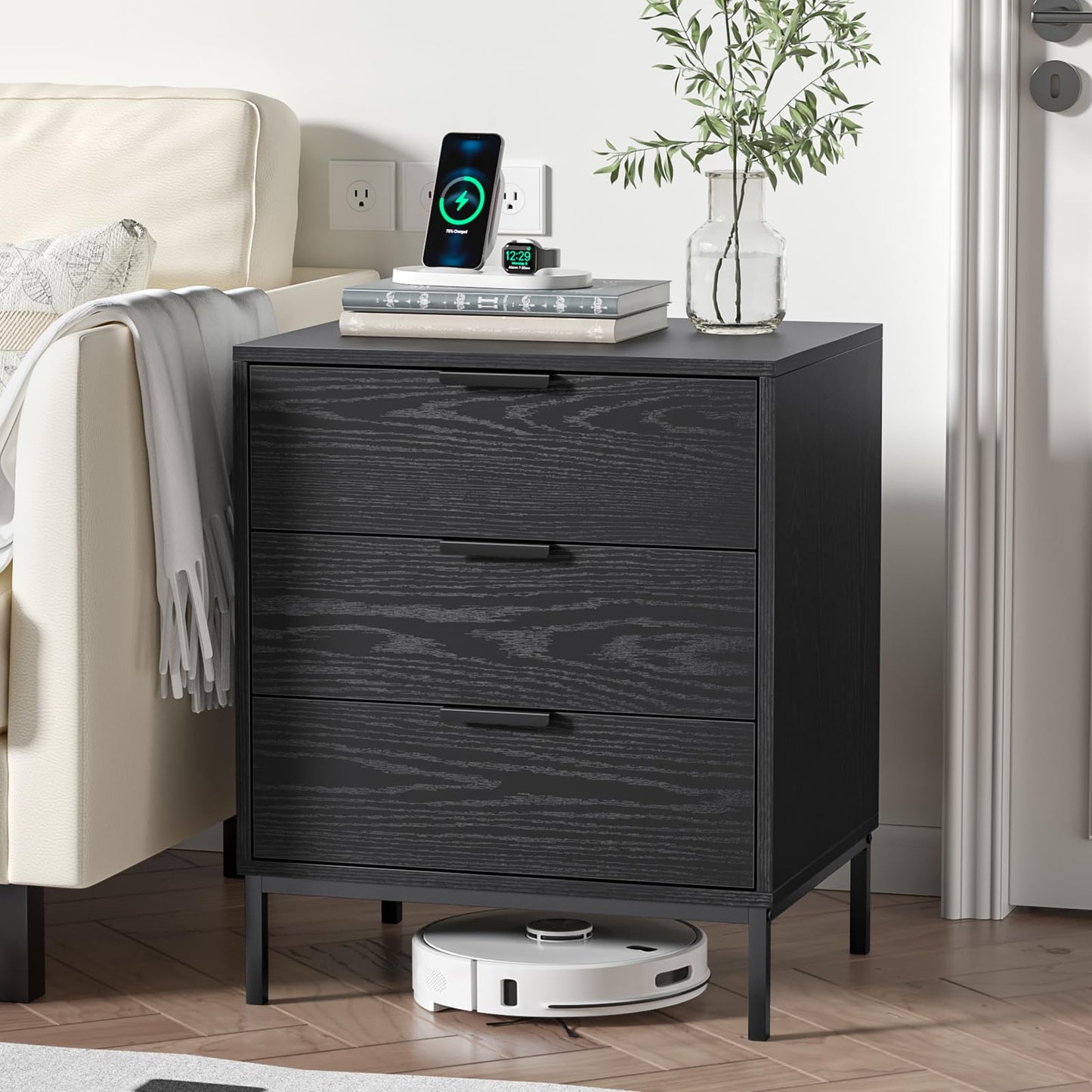 Skokliz Bedside Table with 3 Drawers, Black Nightstand for Bedroom, Wood Modern End Table for Living Room, Small Spaces, 50x40x60cm