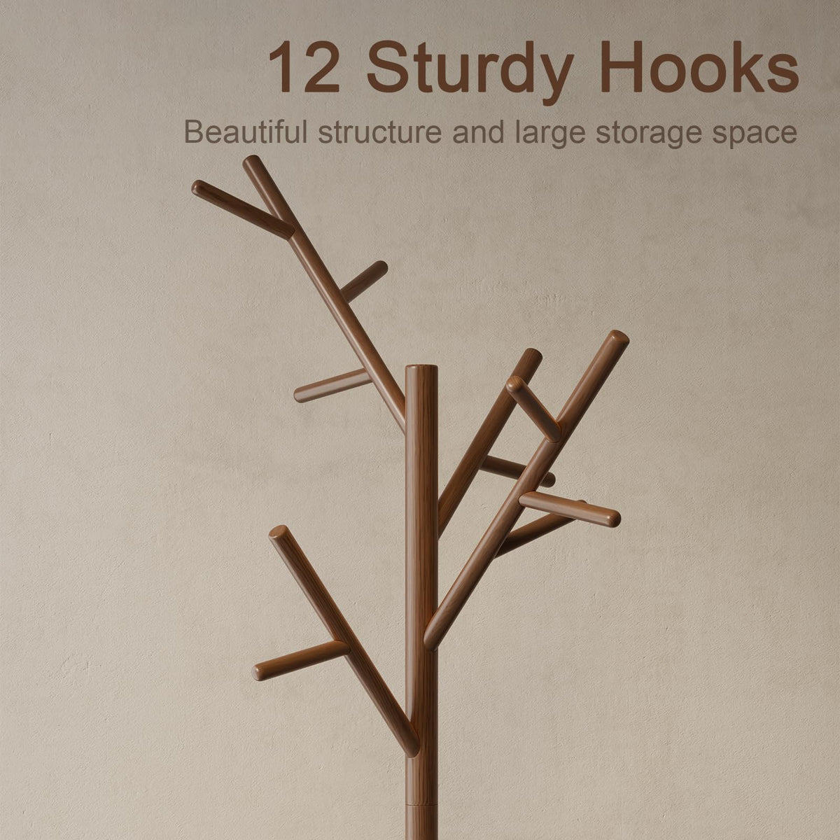 AQIMUELE Coat Stand, Wooden Coat Rack, Freestanding Stand with 12 Hooks, 3 Heights for Clothes, Hats, Bags, Coat Stands for Hallway, Small Space