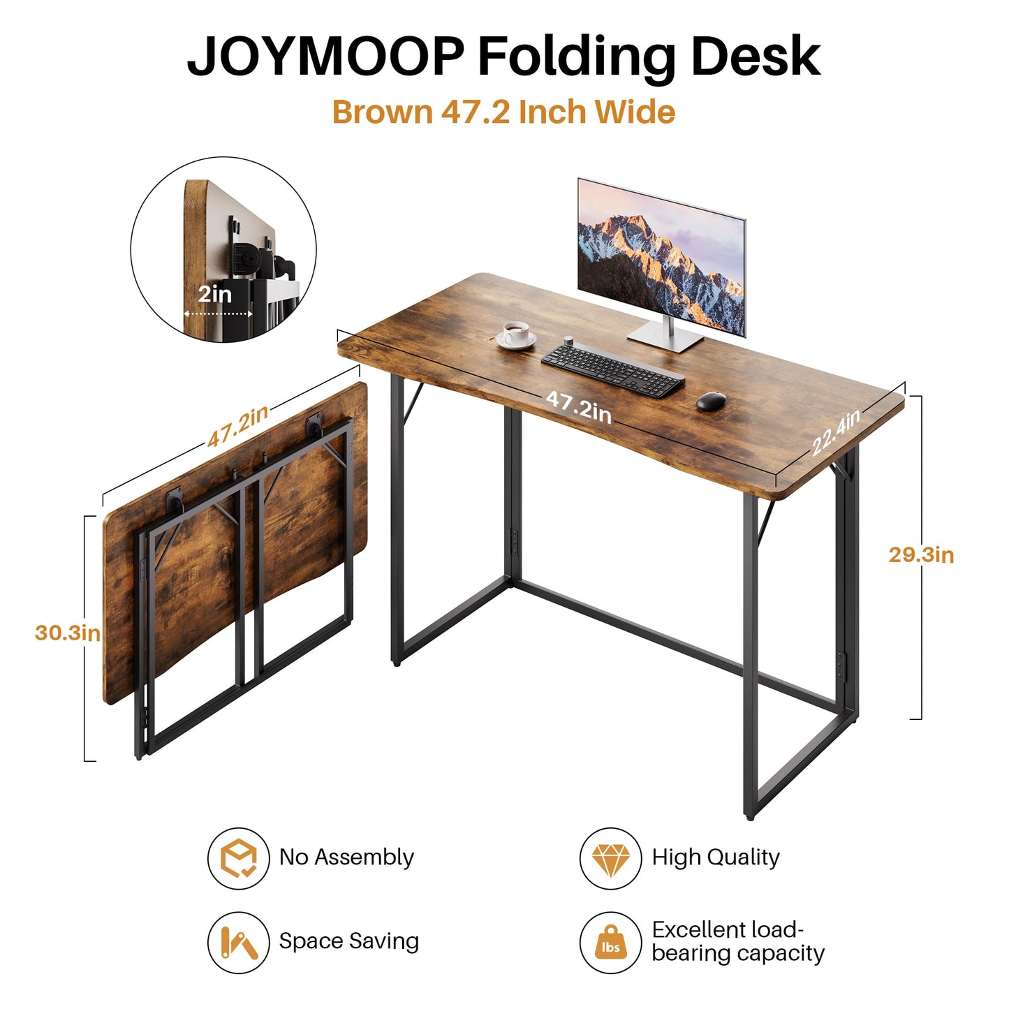 JOYMOOP Folding Desk Rustic Brown - 120 x 57 cm, No Assembly Foldable Desk for Home, Office - Large Size