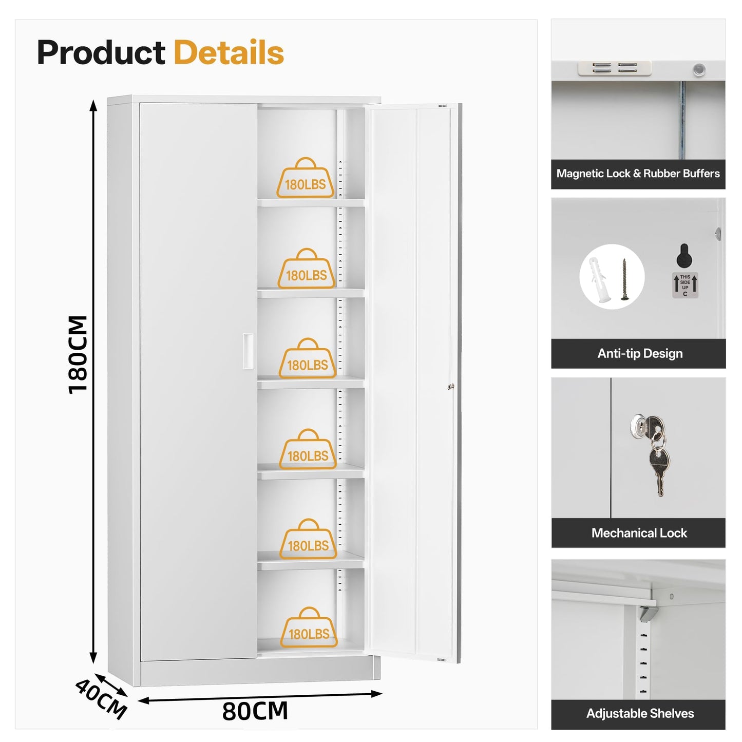 TaskStorz Metal Storage Cabinet, Office Storage Cabinet, White,180*80*40cm