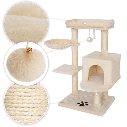 lionto Cat Scratching Post with Plush Ball Including Bell & Wall Bracket, Height 93 cm, Cat Tree with Sisal & Plush, Cosy Lying Surface & Caves,