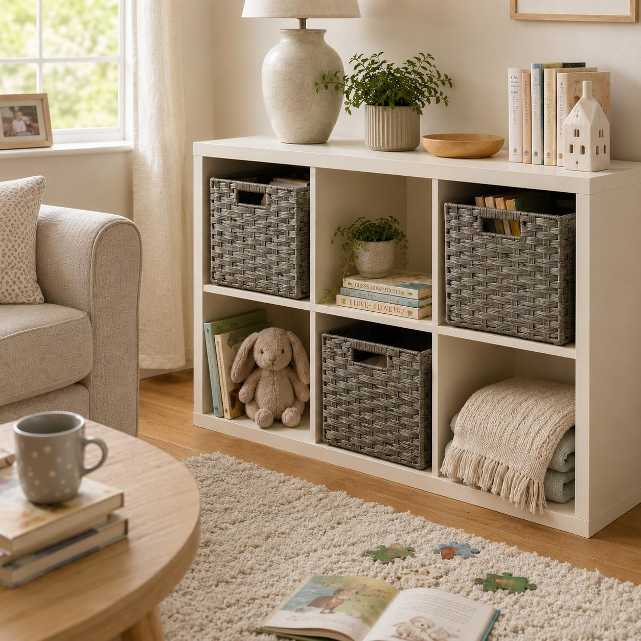 SOCOHOME Cube Storage Box,31x31x31cm Faux Rattan Boxes for Toy Clothes Shelf Nursery Closet Waterproof,Non-Mouldy(Grey, 4 Pcs)