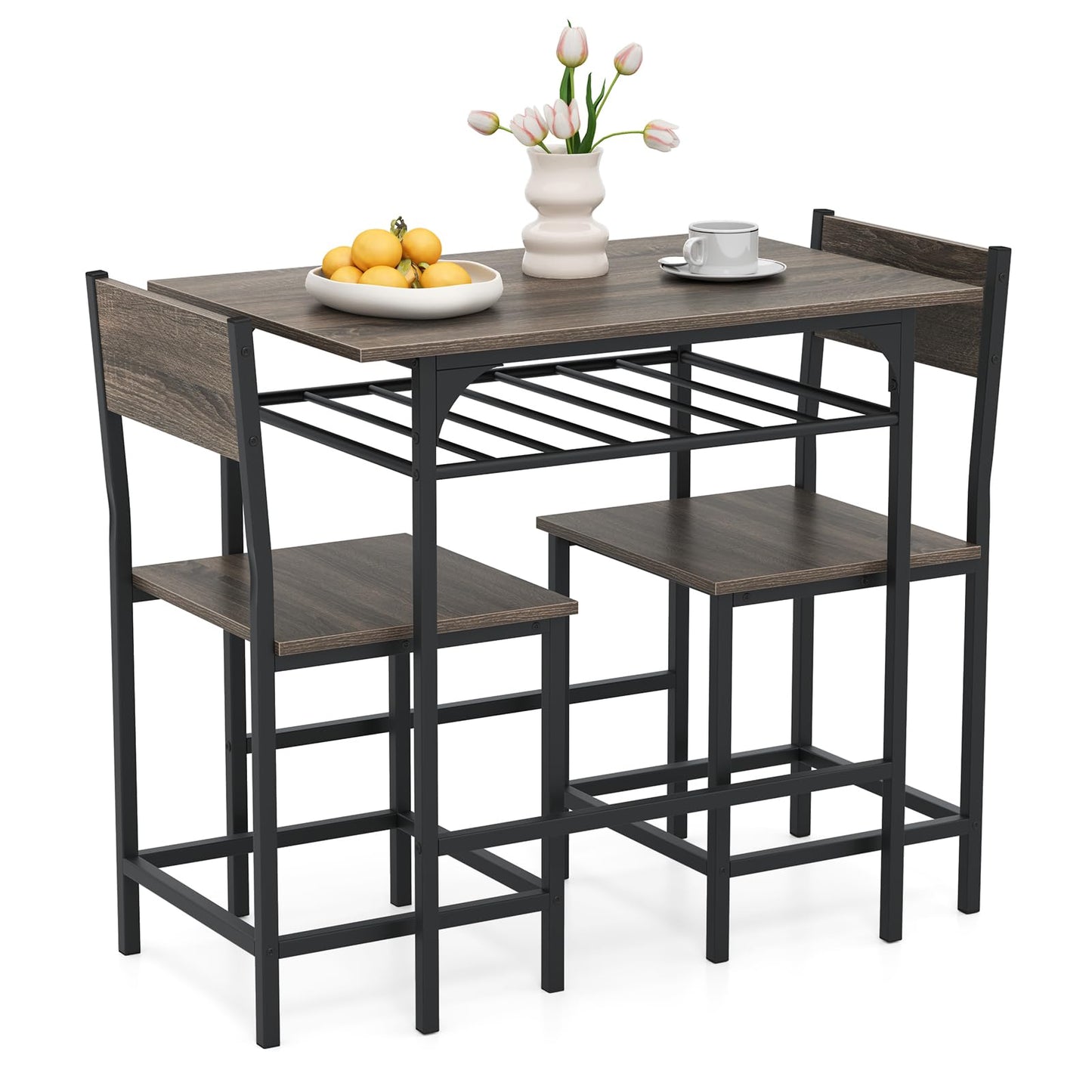 GiantexUK 3PCS Dining Table Set, Wooden Dining Table and Chairs with Storage Rack & Convenient Footrests