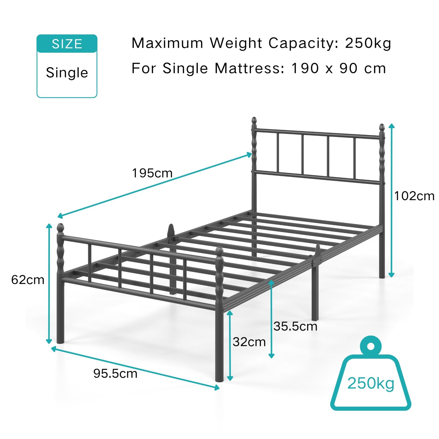 Hunlostten Single Metal Bed Frame - Modern Style Bed Frame with Headboard and Footboard Easy to Install, Noise Free, Sturdy, Black, 35.5 cm High