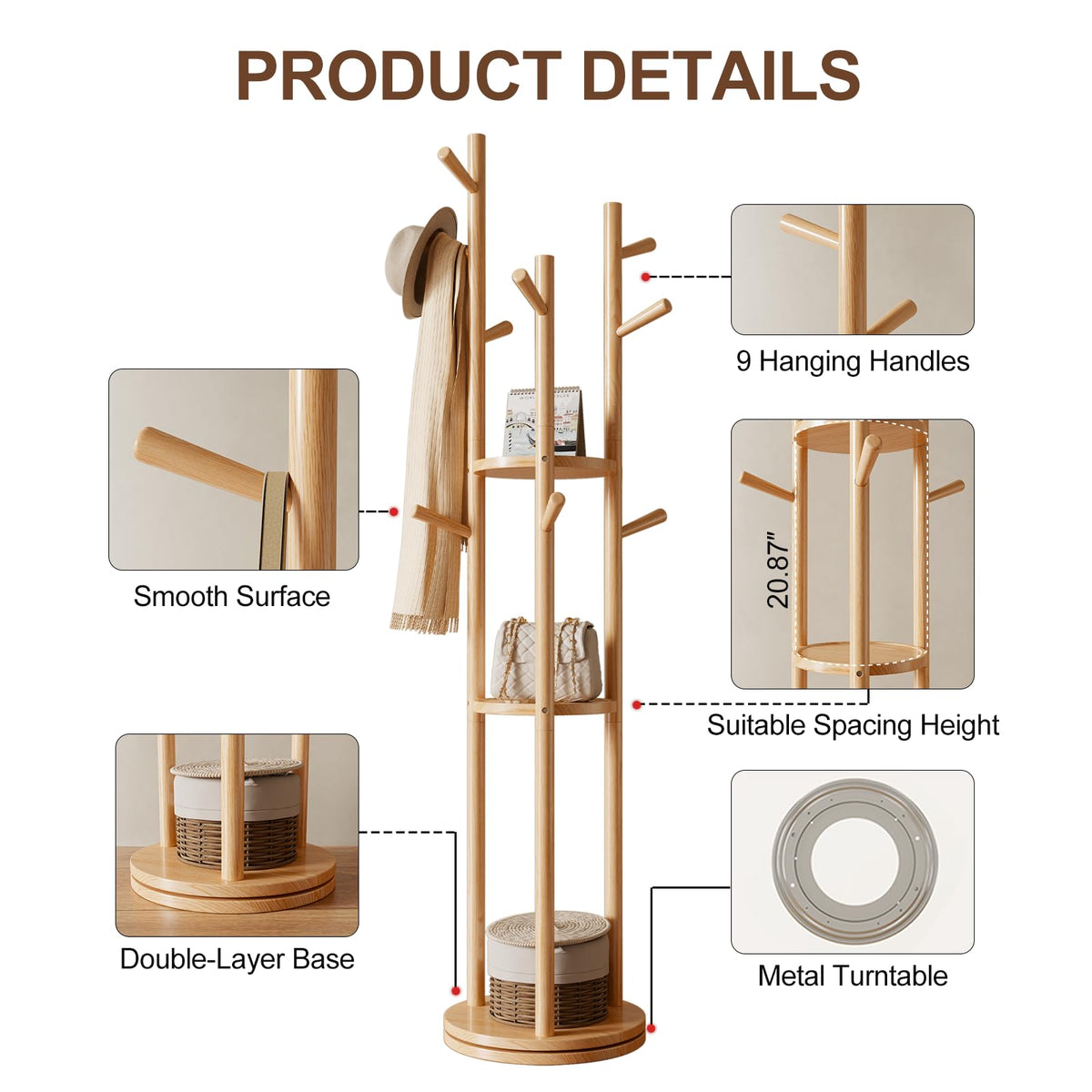 AQIMUELE Coat Stand, Wooden Coat Rack Stand with 3 Storage Shelves and 9 Hooks, Freestanding - Rotatable Coat Hanger Stand