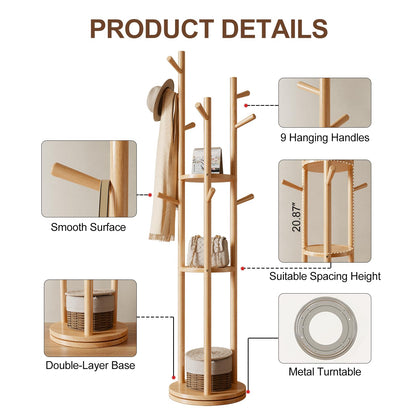 AQIMUELE Coat Stand, Wooden Coat Rack Stand with 3 Storage Shelves and 9 Hooks, Freestanding - Rotatable Coat Hanger Stand