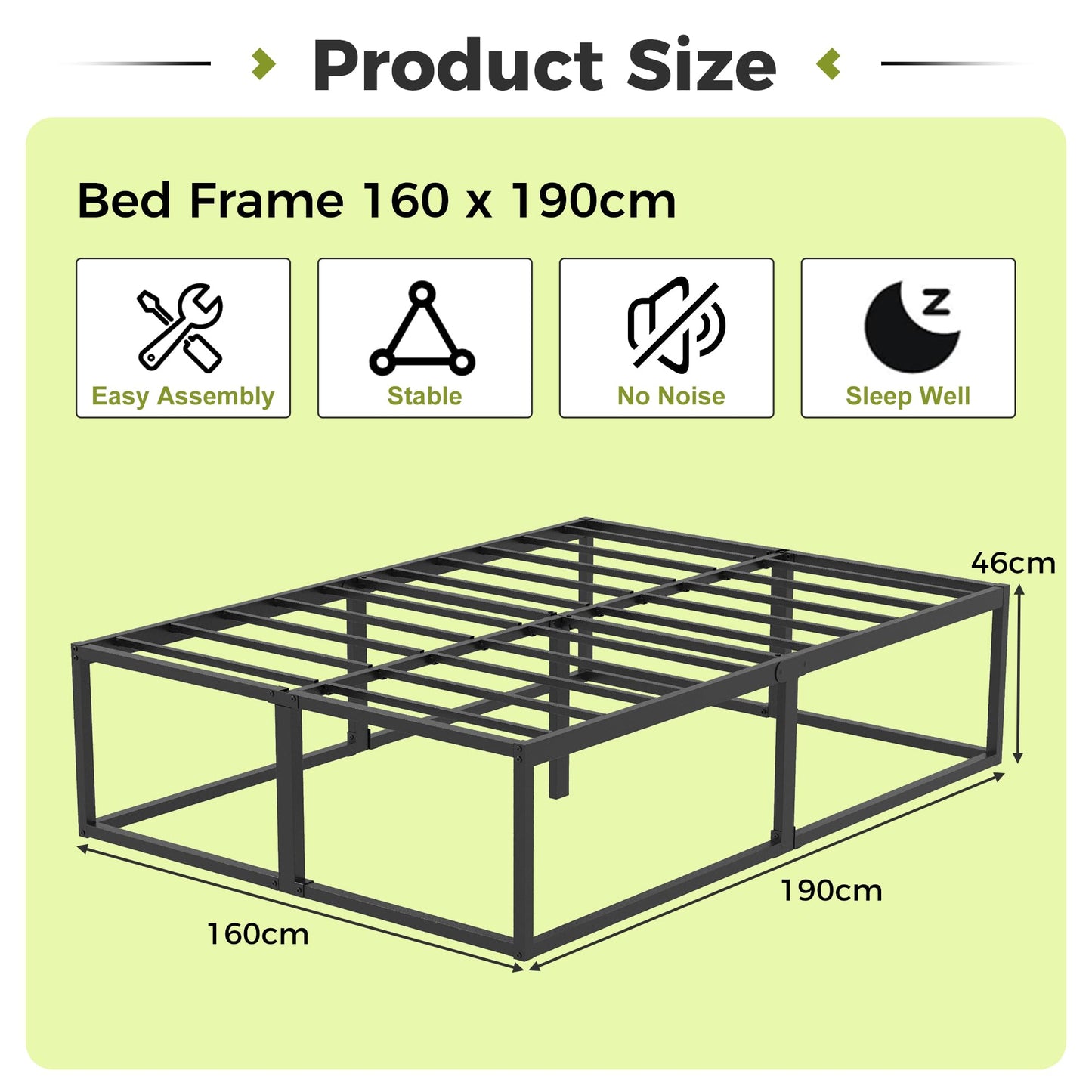EMODA 46 cm High Metal Bed Frame 160x190 cm, Black