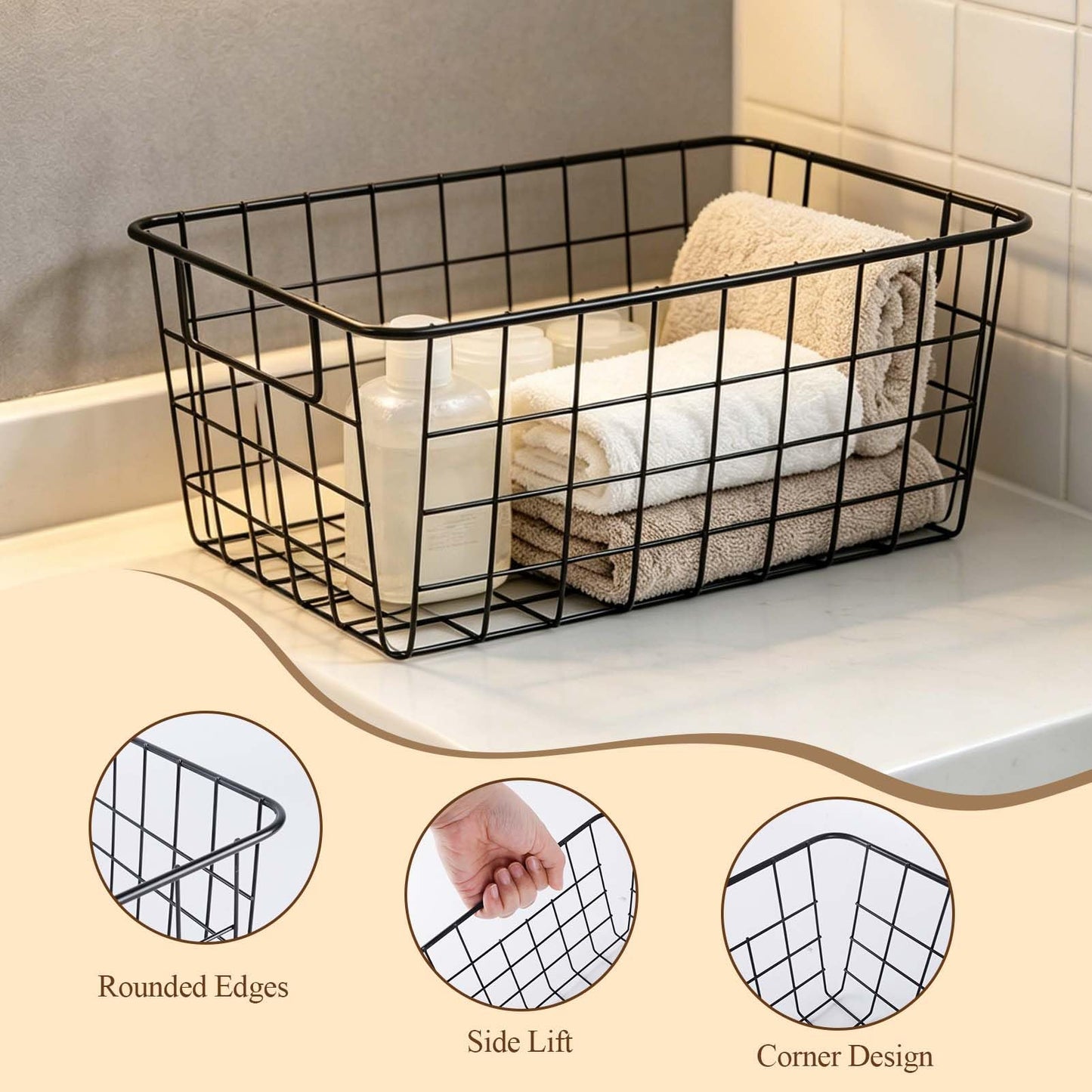 2 Metal Wire Storage Basket with Handles for Kitchen Cabinet Bedroom Bathroom Heavy Duty Rust Resistant Mesh Design Ideal for Organizing Household
